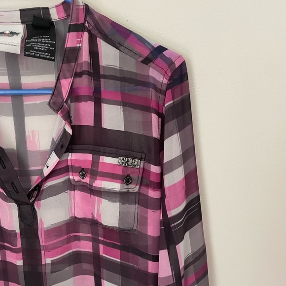 Harley Davidson Pink and Black Long Sleeve Relaxed Button Down Top - Picture 2 of 6